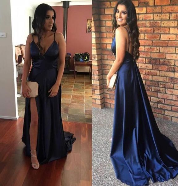 2017 mais novo Sexy Navy Blue V pescoço sem mangas vestidos de baile de formatura