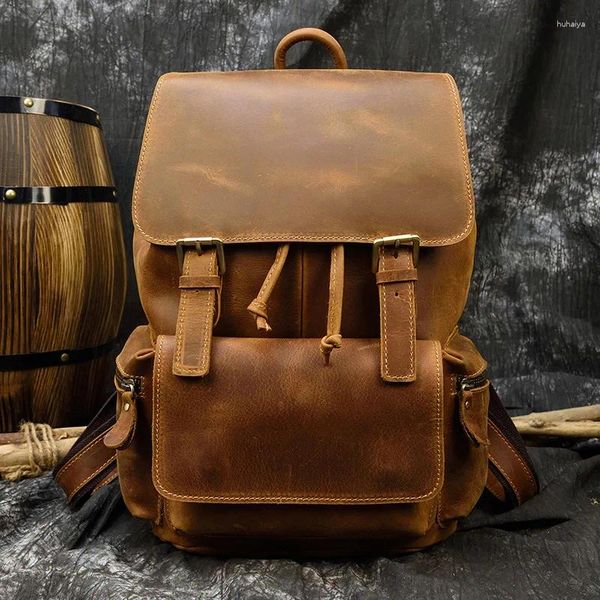 Backpack Crazy Horse Horse Leather Men Vintage Viagem Bolsas de Satchel Saco de Laptop Saco de Laptop de grande capacidade