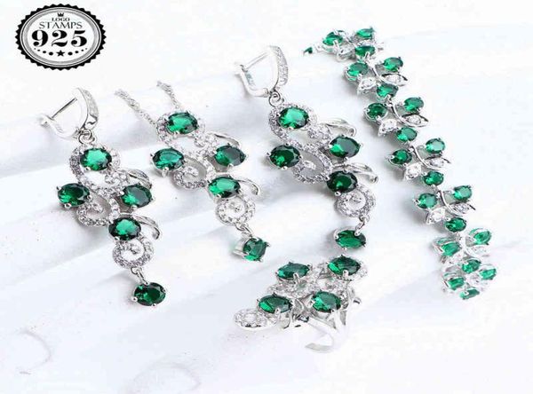 Set di gioielli da sposa Silver Luxury 925 Silver Silver Bridal per le orecchie di bracciale Verde CZ Bracciale Pendants Set di pendenti H2209079836