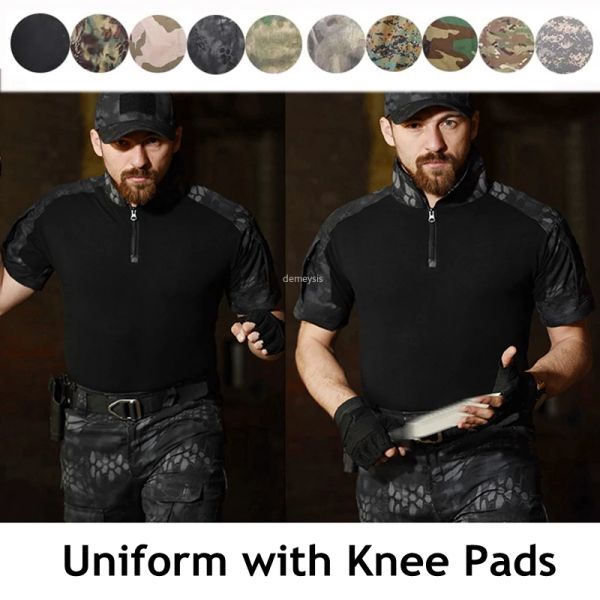 Calça masculina camuflagem uniforme de combate camisa de manga curta + calça de cargo uniforme de paintball com joelheiras