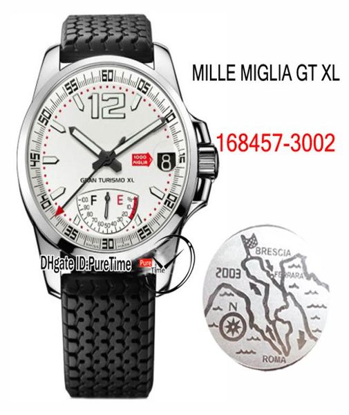 Neueste GT XL -Stromreserve Automatische Herren Uhr 1684573002 Klassische Rennstahlhülle weiße Zifferblattreifen Schwarzer Gummi -Gurt puretime3545560