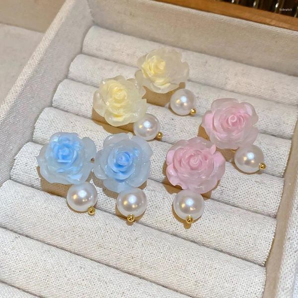 Dangle Ohrringe Rose Blume Perle für Frauen Frühling Sommer Fahsion Blau gelb rosa Stollen Ohrring Koreanische Designerschmuck Schmuck