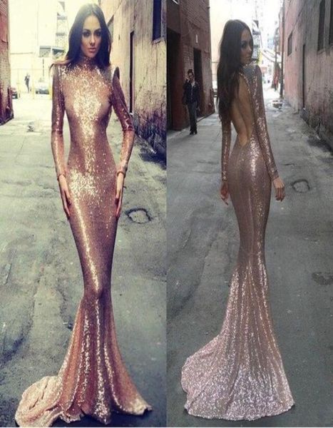 Abiti da ballo di paillettes di Michael Costello Open Back 2016 Abiti da ballo oro taglie forti a maniche lunghe Abiti formali per la festa di laurea 6462089