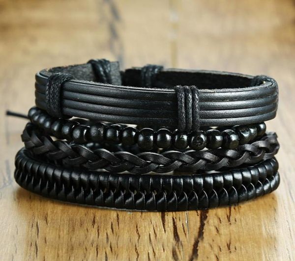 4pcs Лоты винтажные черные кожаные браслеты дружбы, установленные для мужского браслета, браслет -браслет -мужчина Pulseira Masculina Jewelry1825476