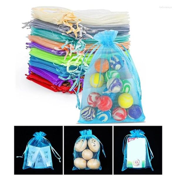 Schmuckbeutel 50pcs gemischte Farbnetz Geschenk Transparent Garn Kordelzug Organza Halskette Tasche für Hochzeitsfeier Süßigkeiten