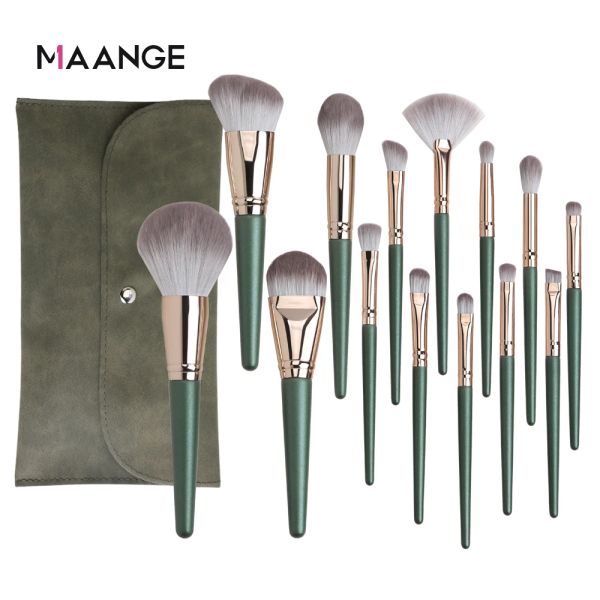 Shadow maange 14pcs pincéis de maquiagem define verde grande pó solto em pó de alto brilho Fundação Fundação de Fundação Sintética Ferramentas Cosméticas