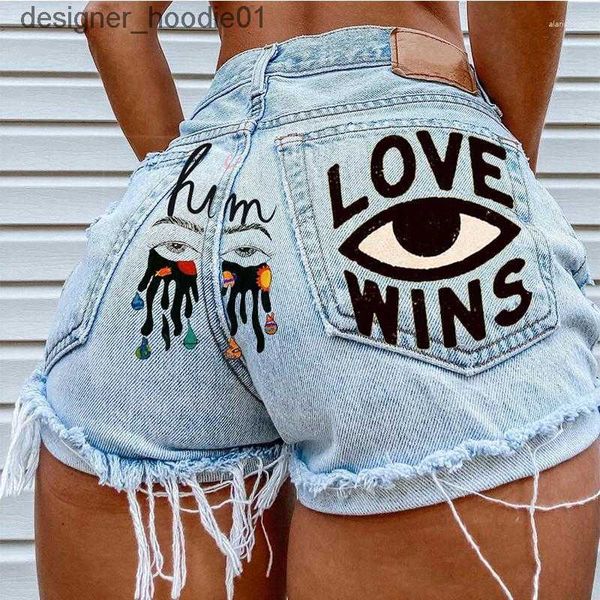 Jeans feminino jeans feminino plus size shorts jeans estampados azuis e graffiti rip hole butt-loft curto para mulheres que vendem c240413