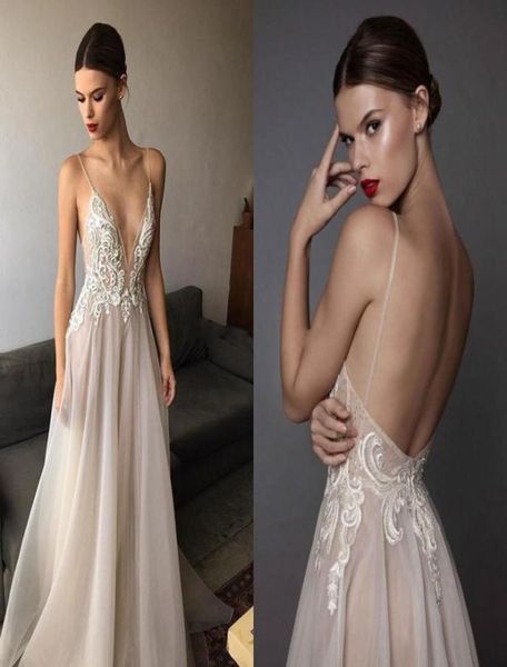 2019 sexy avorio berta abiti da sera profondi a v sul collo spaghetti cinghie ricamato in chiffon illusione estate senza schiena abiti da ballo lungo 2589209