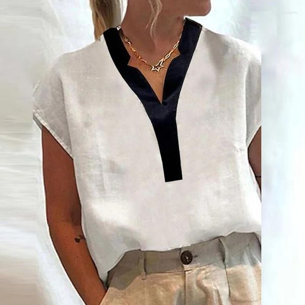 Frauenblusen Modesticken V-Ausschnitt Hemd 2024 Frauen lässig Kurzarm Pendler Top Blusa Frühlings Sommer Elegant Druck Loose Bluse