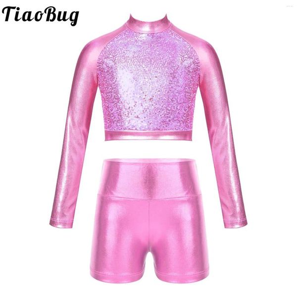 Kleidungsstücke Kinder Girls Jazz Hip Hop Dance Outfits Metallic Long Sleeve Paillon Crop Top mit Shorts Break Street Dancing Performance