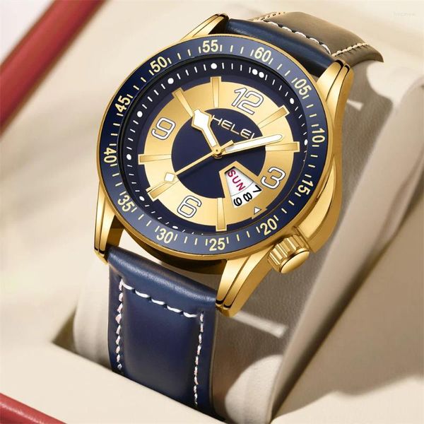 Relógios de pulso Heleni Sport Men assista Top Military Army Imper impermeável Relógio Masculino Business Business Original Leather Watch Relógio 9005b