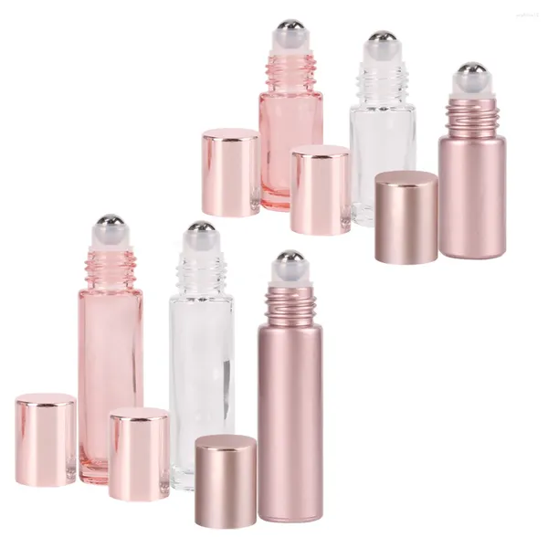 Bottiglie di stoccaggio 1 pezzo da 5 ml/10 ml rosa rosa rosa/opaco/rotolo di vetro trasparente su bottiglia con sfera a rulli in acciaio inossidabile per olio essenziale di profumo