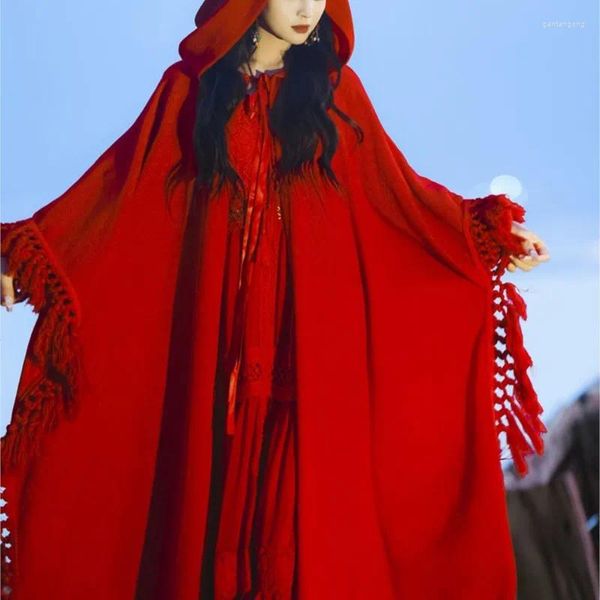 Bühnenbekleidung Reise rot für Frauen Umhang und Schal Sichuan Umhang ethnischer Mantel lang