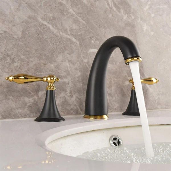 Rubinetti del lavandino del bagno bacino rubinetto in ottone in ottone oro nero 3 fori a doppia maniglia diffusa e fredda miscelatore per acqua