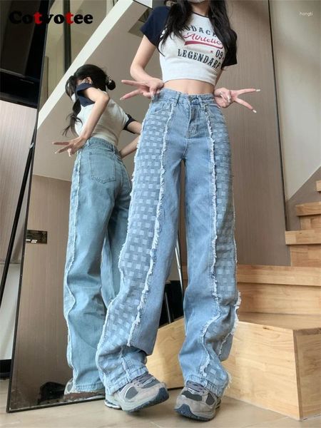 Jeans femminile cotvotee patchwork per donne 2024 moda streetwear vintage tasche a quadri casual zipper pantaloni dritti