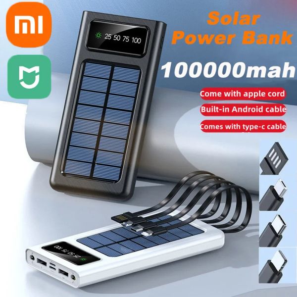 Banks Xiaomi Mijia 200000Mah Power Bank Built Cables Caricatore solare 2 Porte USB Caricatore esterno Luce a LED POWERBANK per Xiaomi iPhone
