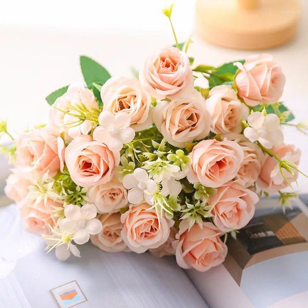 Flores decorativas 10 cabeças falsas rosa artificial com hastes Faux Roses Flower Bouquets para decoração de festa de vaso artesanal de casamento em casa