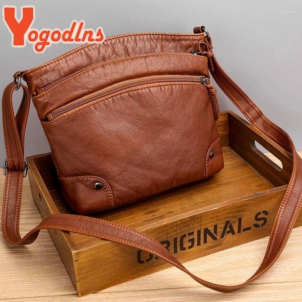 Totes Yogodlns Vintage weiche PU -Lederumbeltasche Frauen Reißverschluss Messenger Handtasche Marken Fashion Bucket Casual Lady Geldbeutel Femin