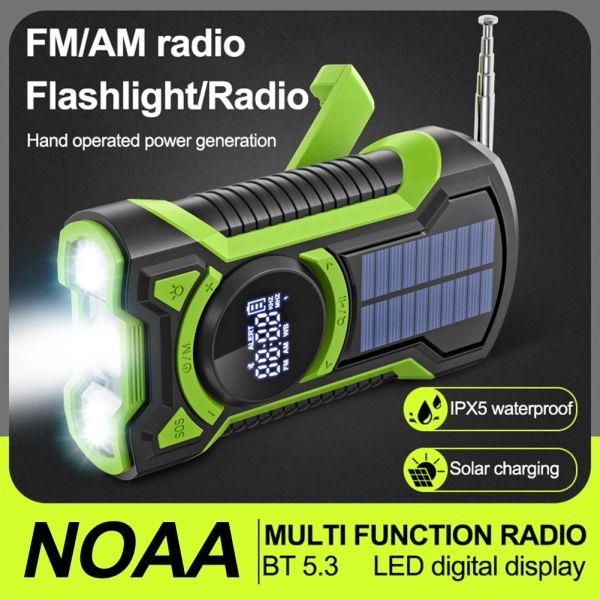 Chargers 8000mAh Solar Radios climáticos de emergência Bluetooth 5.3 Manfla Radios climáticos com lanterna LED Carregador de banco de energia SOS Alarme