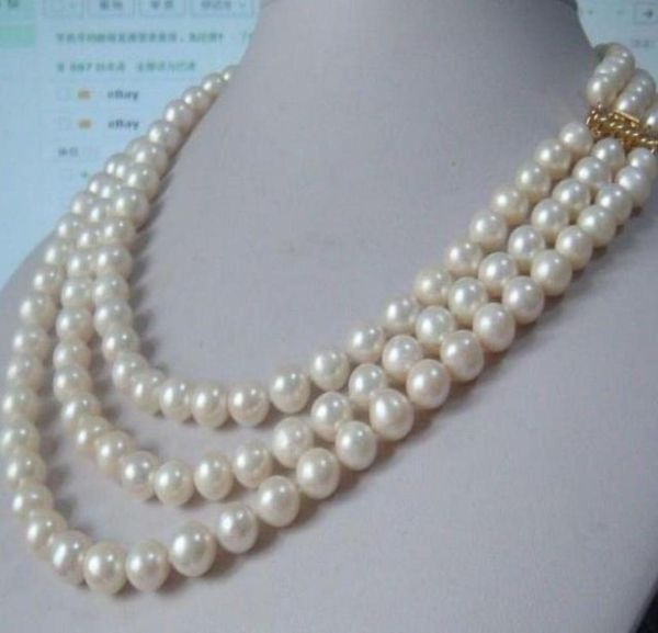 Gioielli di perle sottili fili di hutriple caldi di alta qualità da 9-10 mm nella collana di perle bianche nel mare reale 18-22 