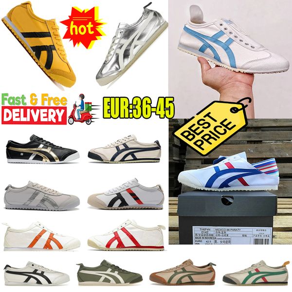 2024 Novos sapatos casuais de estilo MEXICO 66 Slip-On Leather Lace-up Sneakers Goma Preto Branco Amarelo Sports Sports Sports Gai Alta qualidade