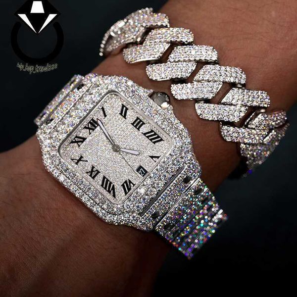 Hip -Hop -Schmuckmänner Gold plattiert 925 Sterling Silber Anhänger Halsketten VVS Moissanit Diamant ECED Cuban Link Armband mit mechanischer Uhr