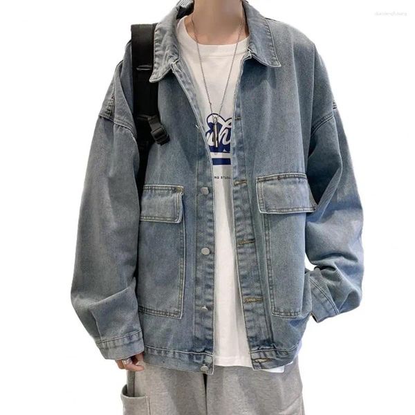 Herrenjacken Männer Denim Jacke stylisch mit Reverskragen Klappen Taschen Casual Frühlings -Herbstmantel in fester Farbe Single für a