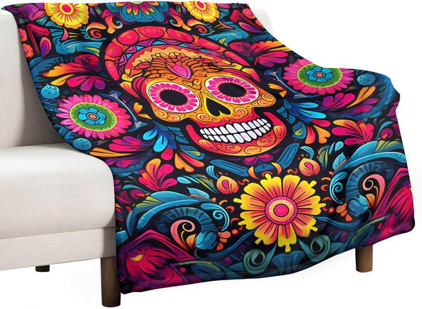 SydCommerce Fin Sugar Skull Boho Throw Planta decorada com flores e folhas, macio brilhante colorido sem costura e acolchoado têxtil floral