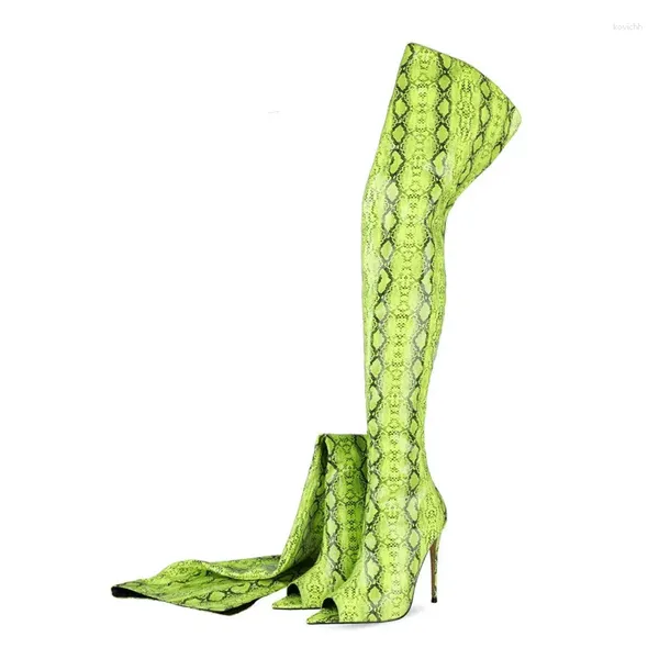 Botas espia o dedo do pé sobre o joelho feminino fluorescente couro coxa de zíper mais estilo moda moda primavera outono