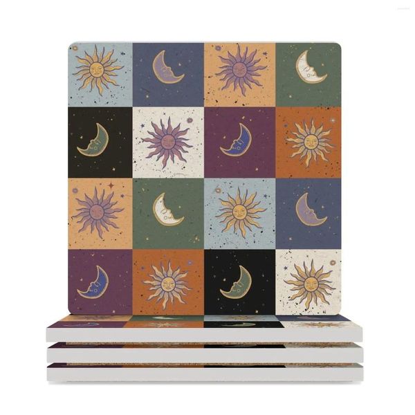 TATS MATS MISTICAL PADRÃO DO PARCENDO DO CHECHER (Lua Sol) Coasters de cerâmica (quadrado) Pote de cozinha fofa Suporte