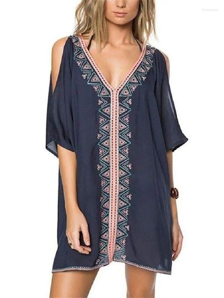 Vestidos de festa azul escuro Bohemian Bordeded Relaxed T-shirt Dress para mulheres roupas 2024 Summer causal Mini q347