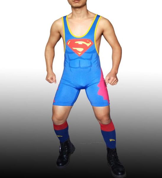 Man Lower Cut Superman Wrestling Singlet Leventing Super Suit Men Tights Guting Suit One Piece Jumpsuit3372784