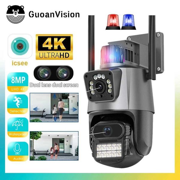 Telecamere IP 8MP 4K fotocamera IP Outdoor Wifi PTZ Dual Lens Schermo a doppio schermo Auto Tracciamento impermeabile Video sorveglianza Videocromatico Police Light Light Alarm 24413