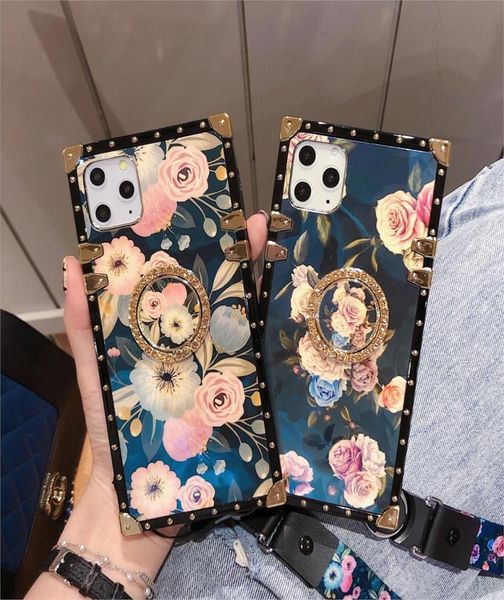 Square Bling Diamond Shiny Rose Flower Stand Hülle für iPhone 11 Pro Max X XR XS Max 7 8 6 6s plus Luxus mit Gurtabdeckung Coque5988595