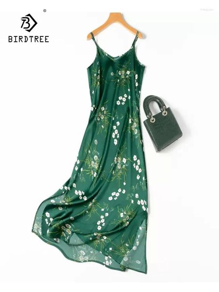 Abiti casual Birdtree 93%Vero seta elegante per donne Spaghetti Cinturino Le vacanze stampate sembrano abiti sottili 2024 estate d44134qc