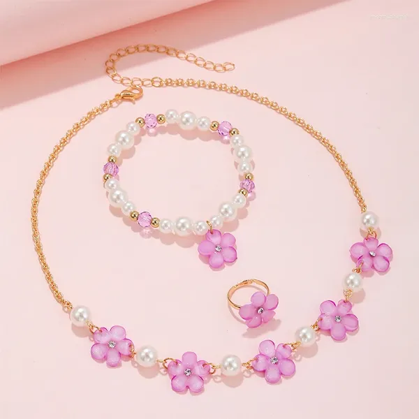 Ketten 3pcs/Set Blumencharme Kette Halskette mit Perlen Armband Ring Schmuck Set für Mädchen Tochter Party Geburtstagsgeschenk