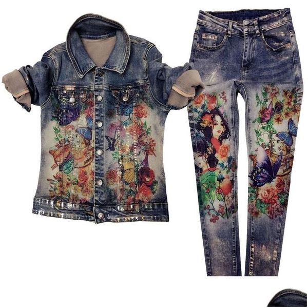 Frauen zwei Stück Hosen Blumen Print Jacke Anzug PCs Elastizitätsmaterial Gemälde Modetrends Frauen Hosen Heuchen Set Skinny Jeans T200702 DR DH6GR