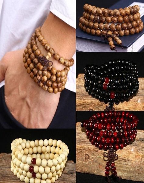 108 Perlen 8mm natürlicher Sandelholz Buddhist Buddha Holz Gebet Perlenknoten Schwarze Ebony Unisex Männer Armbänder für Frauen1107234