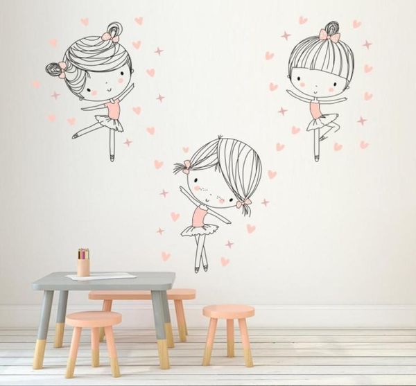 3pcs/conjunto Garotas de balé fofas Dançando adesivos de parede Decalque de parede de desenhos animados engraçado Decal
