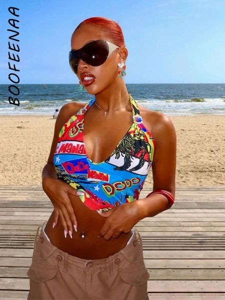 Boofeenaa Graphic Cropped tank Top Summer Roupos Women Streetwear Moda Sexy Backless Halter Tops C83-AG10 240329