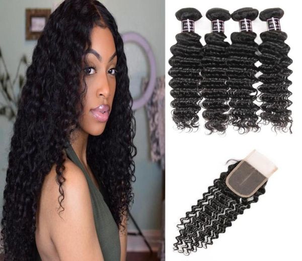 Pacotes de cabelo humano profundo e profundo da Malásia com cabelos peruanos de fechamento 4bundles com 44 onda de encerramento de renda onda profunda onda solta cabelos e34894298