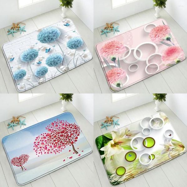 Badmatten 3D Blume Nicht rutschende Badezimmer Matte grüne Blätter Pflanzen Aquarell Baum Schmetterling Schlafzimmer Küchen Türmat absorbierende Teppichwaschbar