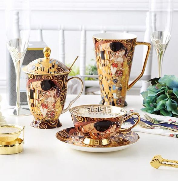 Klimt Kuss Porzellan Becher Café Tee Milch Tassen Knochenkaffee Kaffeetasse und Untertasse Geburtstagsgeschenkbecher mit Deckel