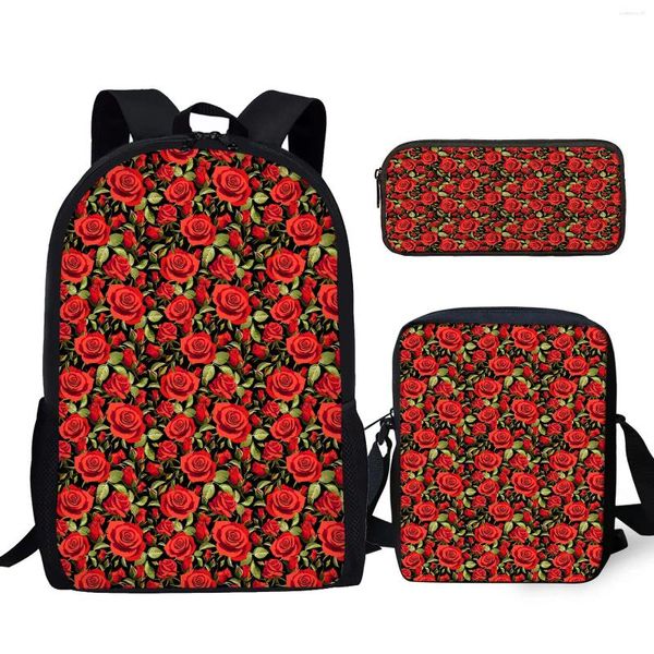 Backpack YiKeluo Red Rose 3D Impressão Teenager Bag Didrlow Student With Zipper Casual Messenger Lápis Case