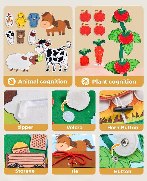 Montessori Busy Board Farm Animal Libro impegnato per bambini, libro di attività di apprendimento in età prescolare, giocattolo sensoriale autismo per ragazzo