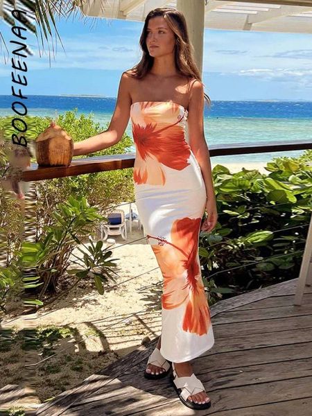 Abiti casual Boofeenaa Stampa floreale Outfit per vacanze estive Donna 2024 Elegante sexy Strapless Long Dress Beach Resort Wear C85-BC20