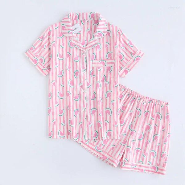 Домашняя одежда милая арбуза розовая короткая пижама, набор женщин, спящий лаунж, корейский летний летний марлей, хлопчатобу