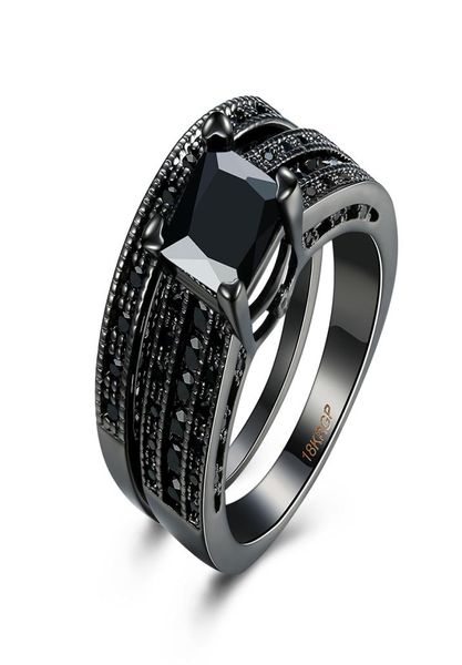 Moda 18k Black Gold Black Square Diamond Princess Corte Noivado de casamento Bandas de noiva Ring Sets for Women Ladies1819327