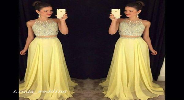 2019 sexy duas peças vestido de baile amarelo chiffon de chiffon, vestido de festa de festas e vestidos mais tamanho vestidos de Fiesta1888908