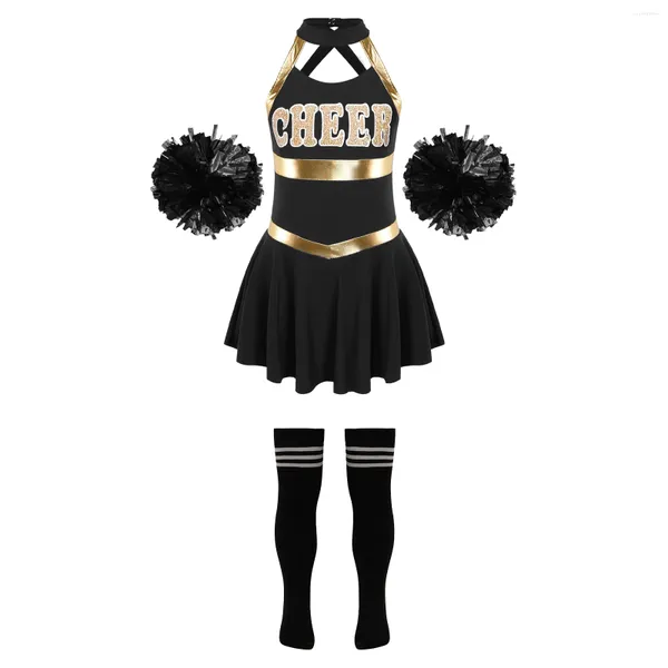 Set di abbigliamento per bambini ragazze cheerleader Dance outfits Lettere cinghie abiti da manica con palline di fiori da 2 pezzi Calzini a strisce